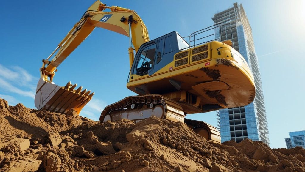 Yellow hydraulic excavator working on a construction site with high-rise building in the background – GEMS Parts supplying heavy equipment and construction machinery components.